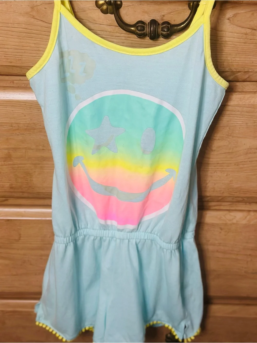 Light Blue Graphic Smiley Romper with Neon Tassled Trim | Size 12
